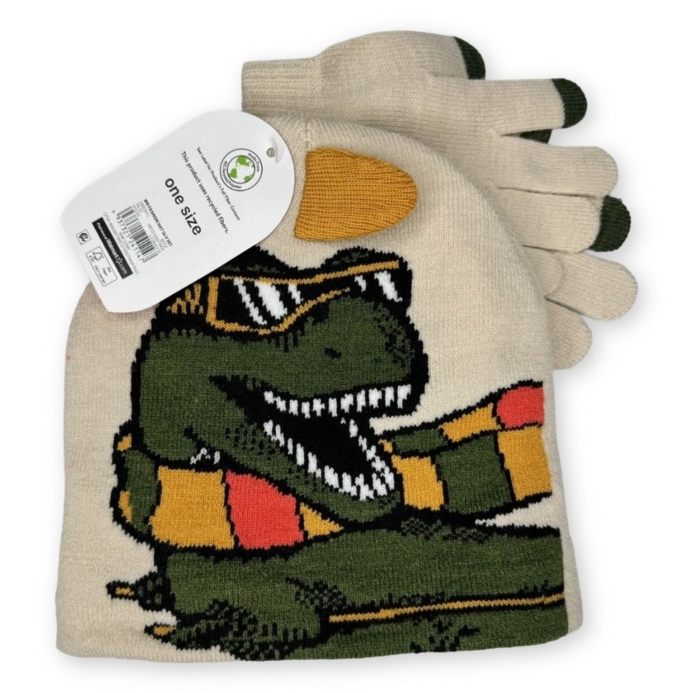 Kids Dinosaur Knit Beanie Hat and Gloves Set Beige T-Rex Fleece Lined One Size